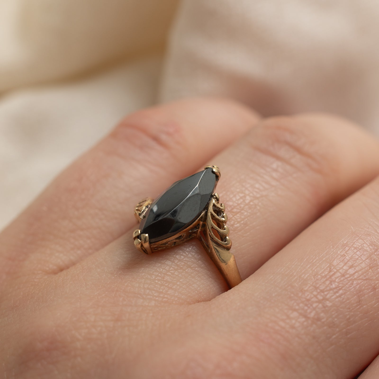 10K Marquise Cut Hematite Bypass Ring | 2.20ct | SZ 6.5