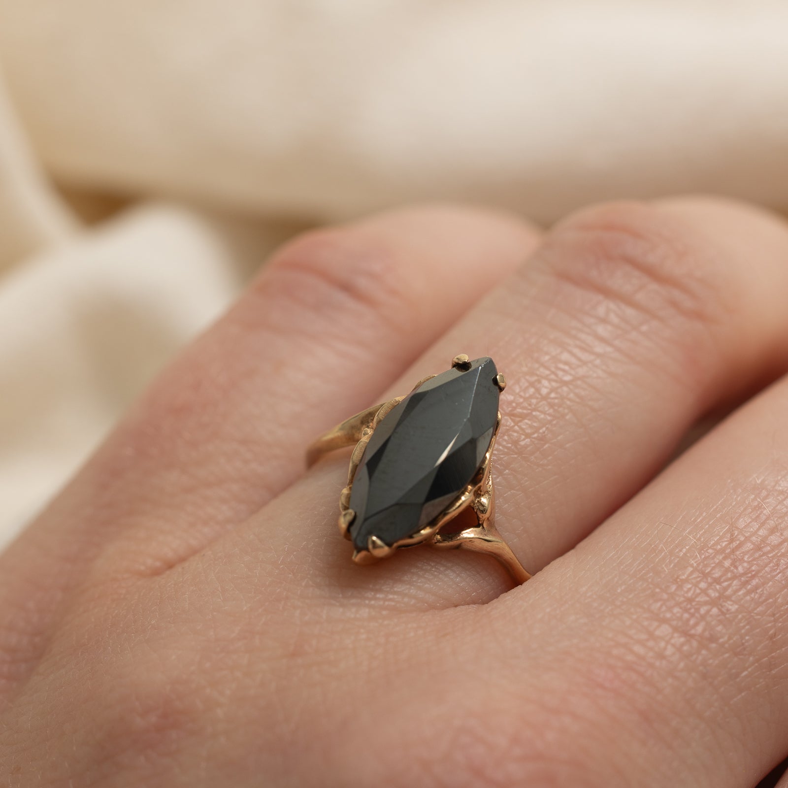 10K Marquise Cut Hematite Bypass Ring | 2.00ct | SZ 7.25
