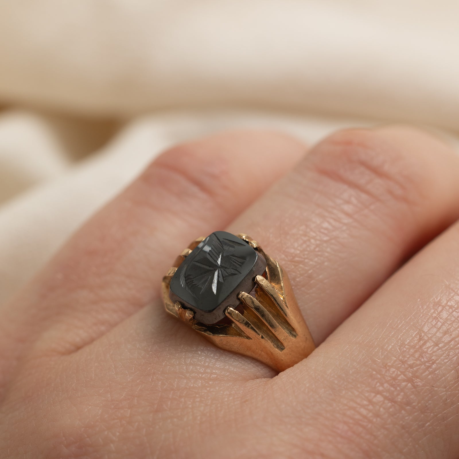 1972 Birmingham 9K Intaglio Hematite Ring | 2.30ct | SZ 6.5