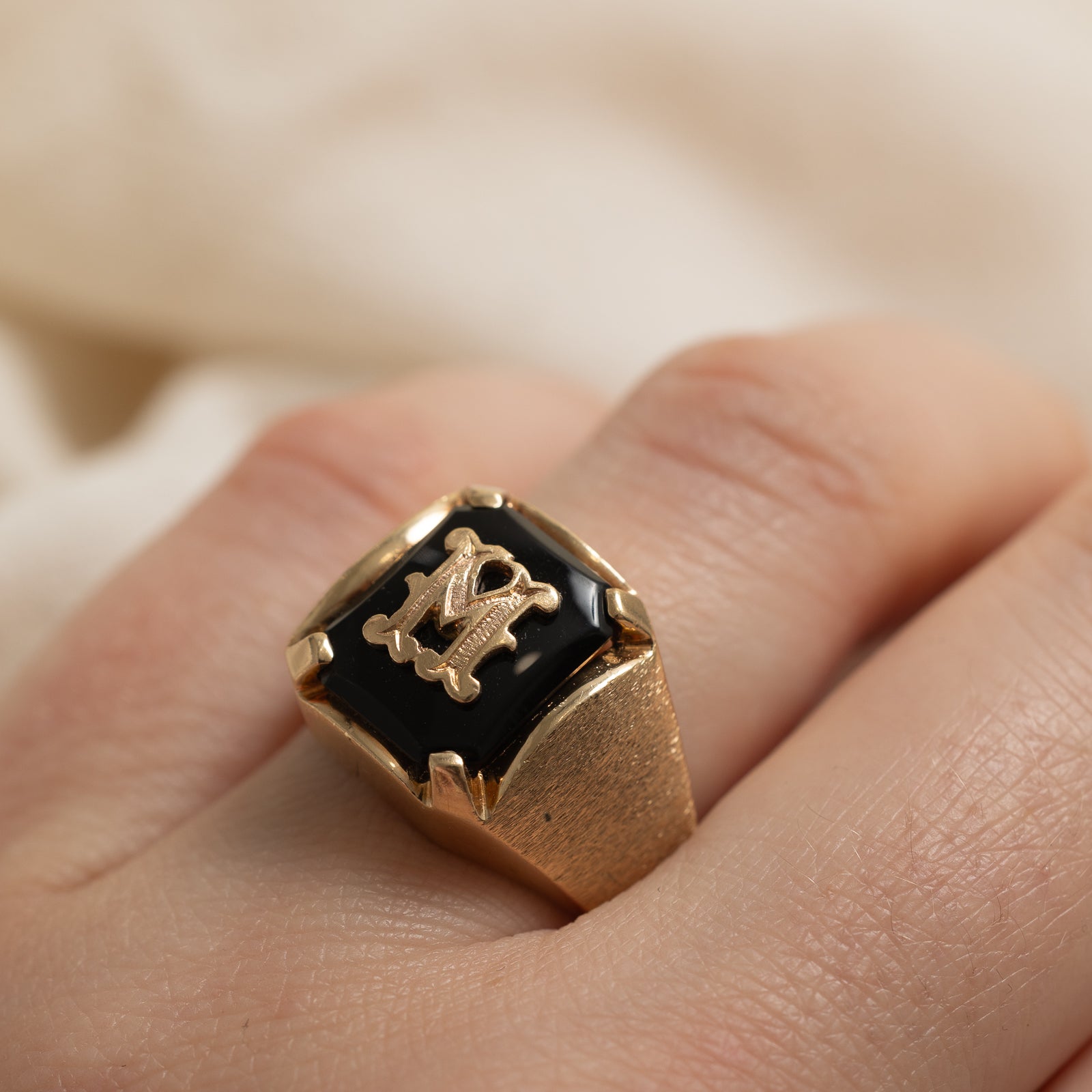 10K Onyx 'M' Initial Signet Ring | 1.90ct | SZ 8