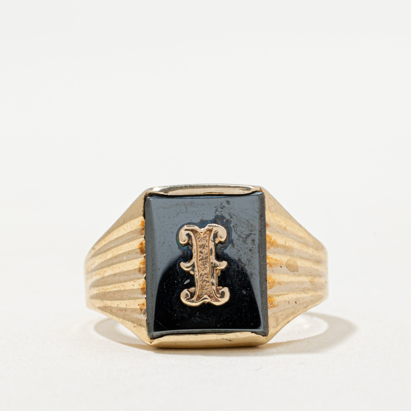 10K Hematite 'I' Initial Signet Ring | 4.00ct | SZ 8.25