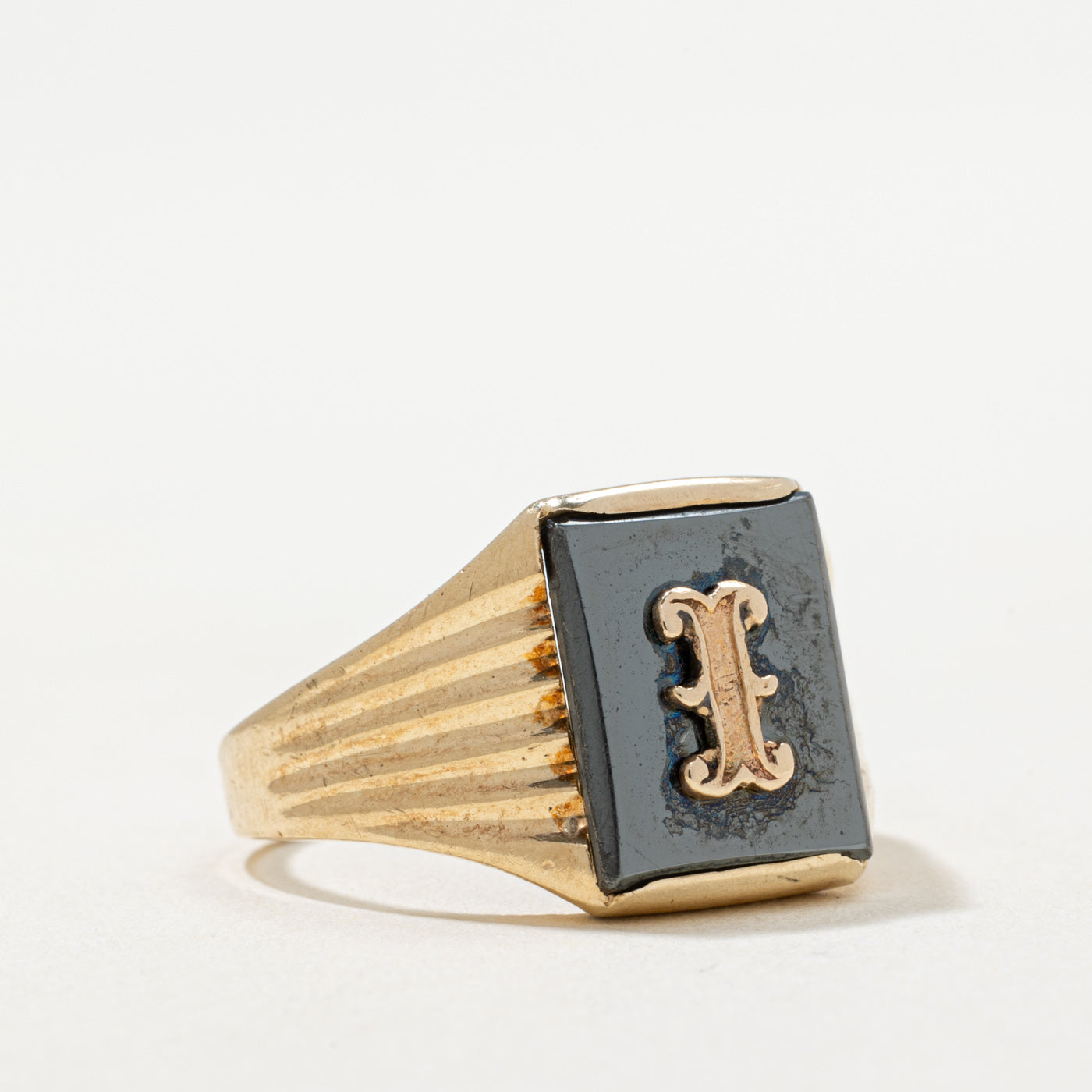 10K Hematite 'I' Initial Signet Ring | 4.00ct | SZ 8.25