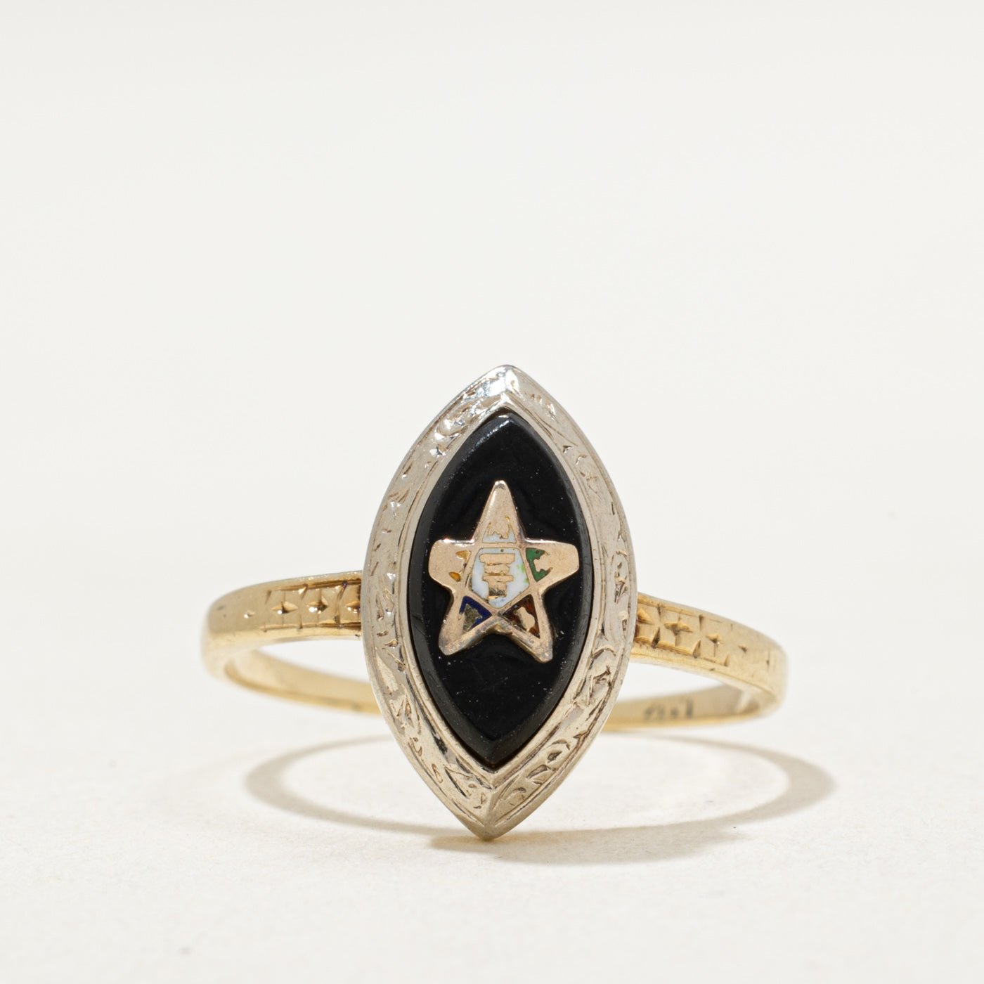 14K Enamel Star Marquise Shaped Onyx Ring | 0.90ct | SZ 8.75