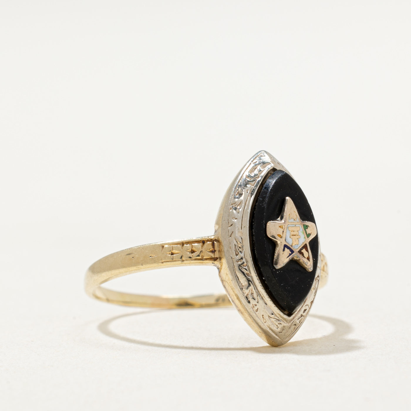 14K Enamel Star Marquise Shaped Onyx Ring | 0.90ct | SZ 8.75