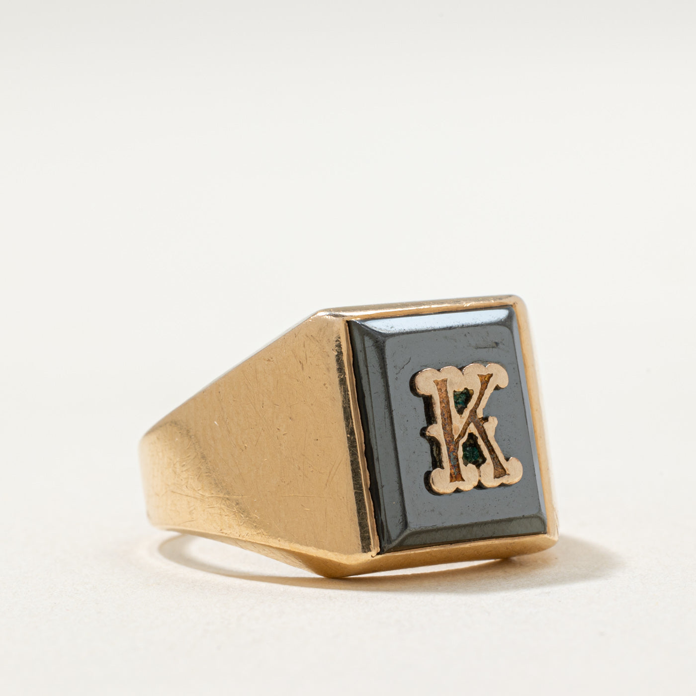 14K Hematite 'K' Initial Signet Ring | 3.00ct | SZ 7