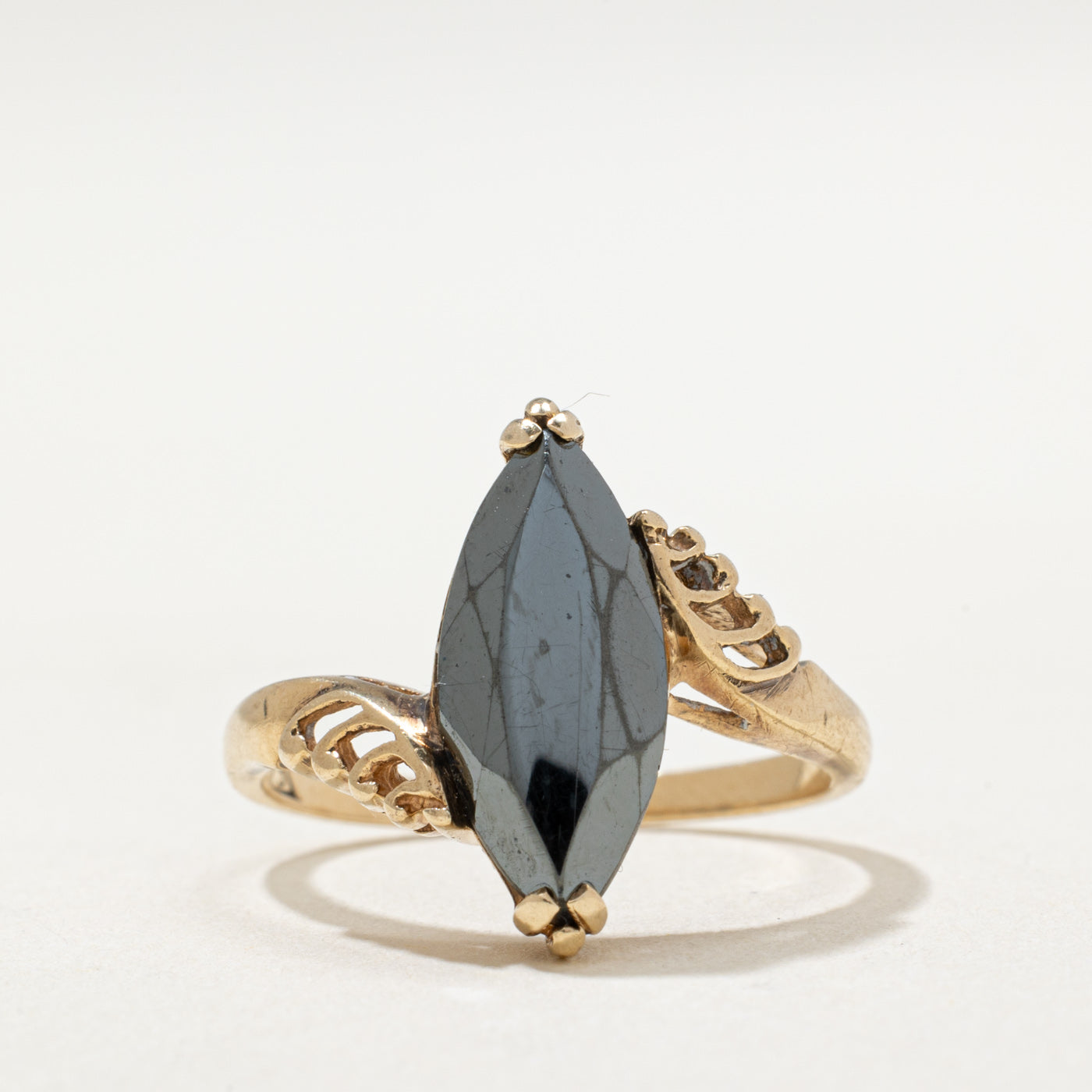 10K Marquise Cut Hematite Bypass Ring | 2.20ct | SZ 6.5
