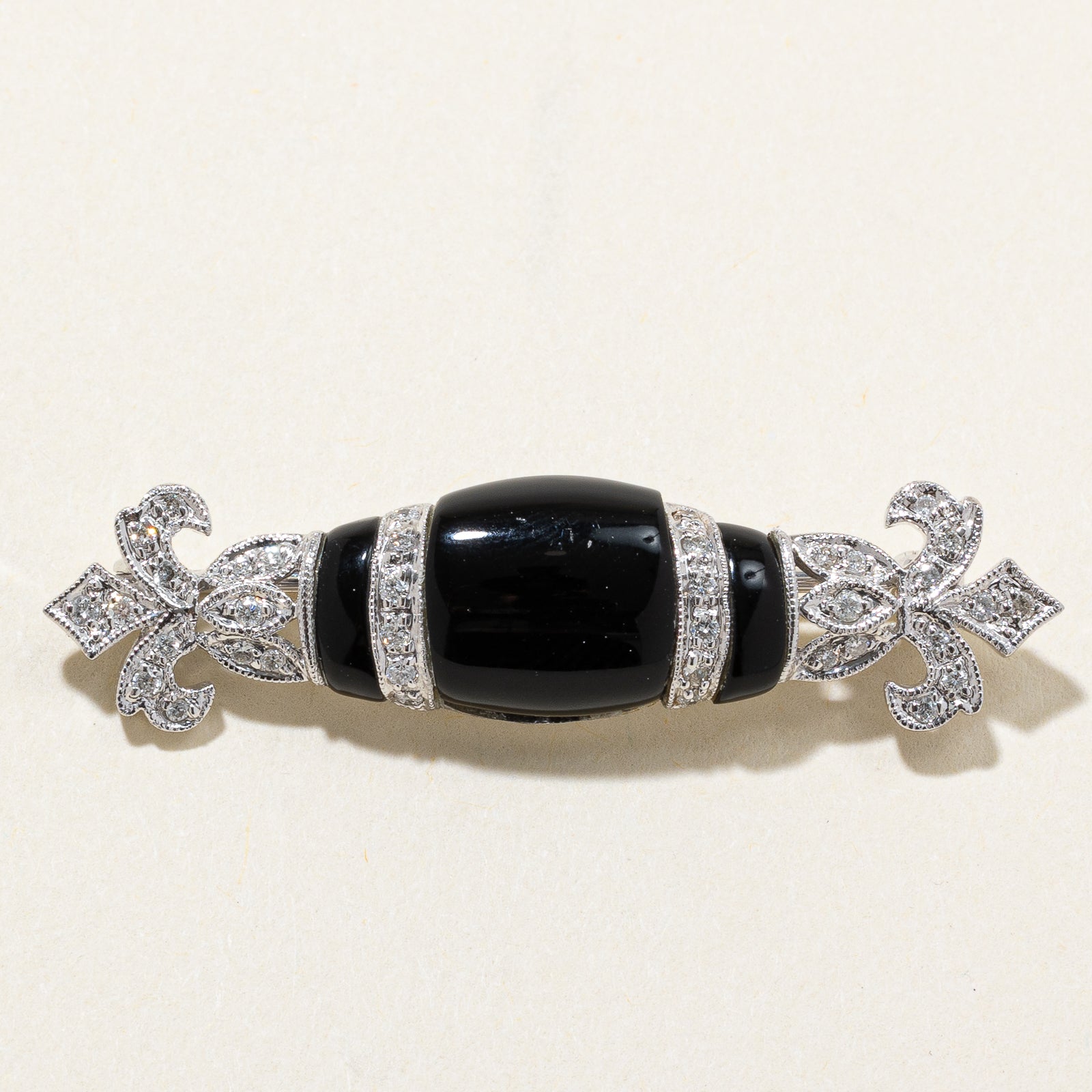 Onyx & Diamond Fleur Des Lis Brooch | 5.00ctw, 0.20ctw
