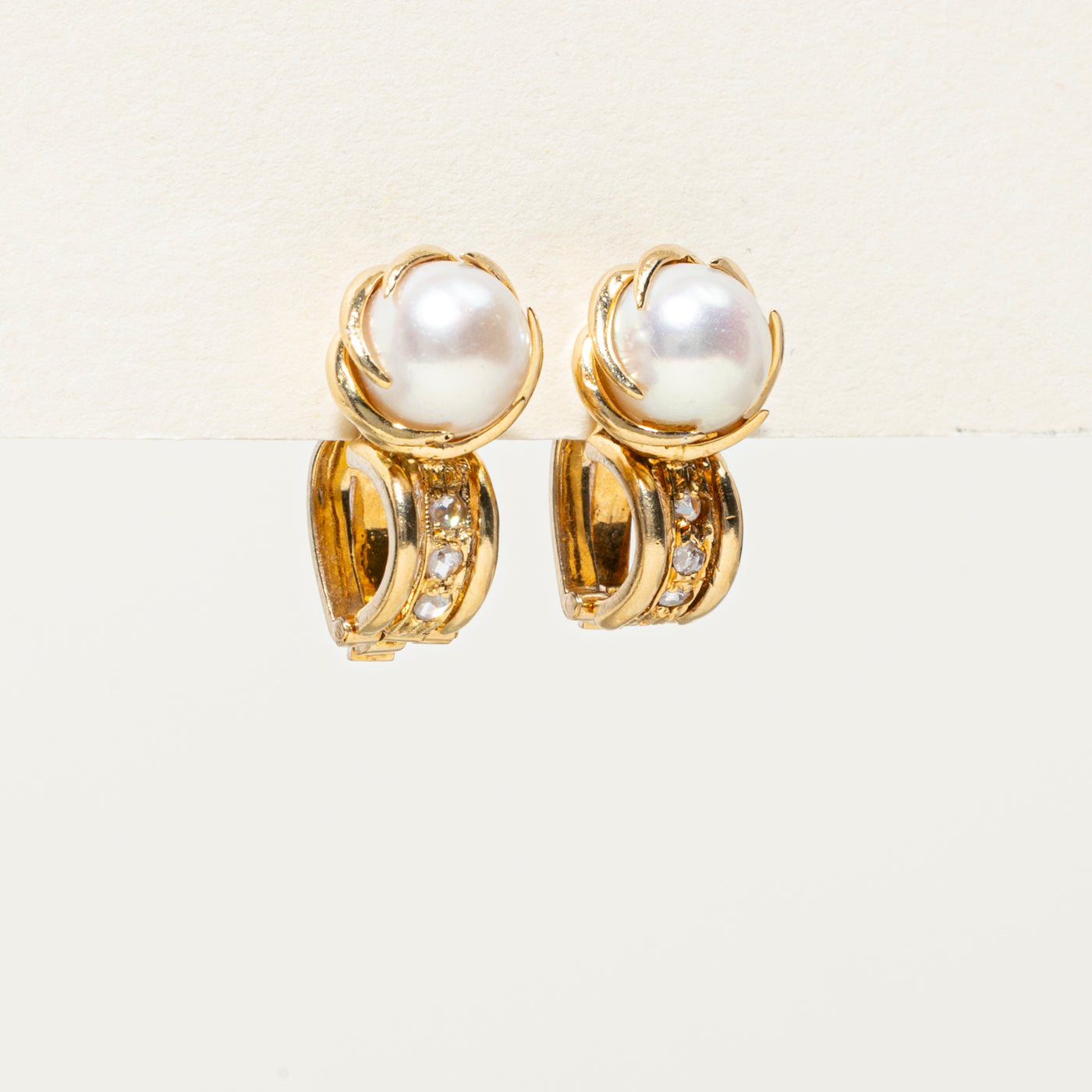 Vintage Pearl & Diamond Clip On Earrings | 0.06ctw