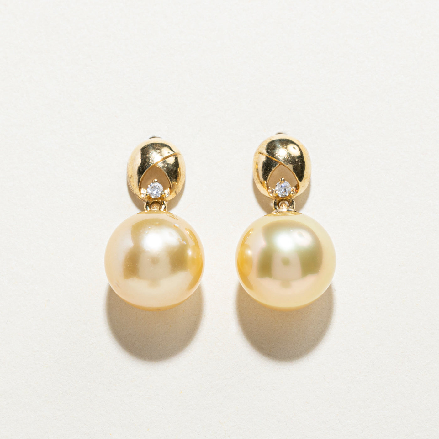 South Sea Golden Pearl & Diamond Drop Earrings | 0.04ctw