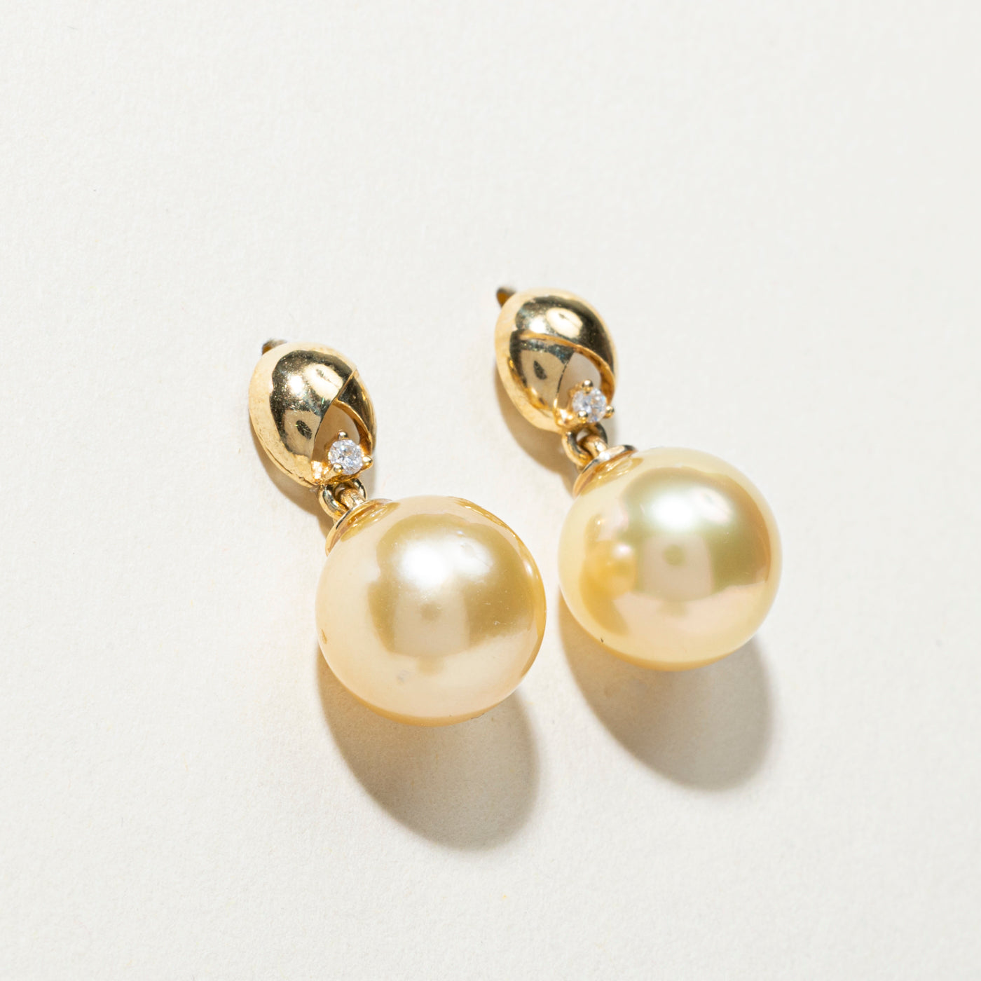 South Sea Golden Pearl & Diamond Drop Earrings | 0.04ctw