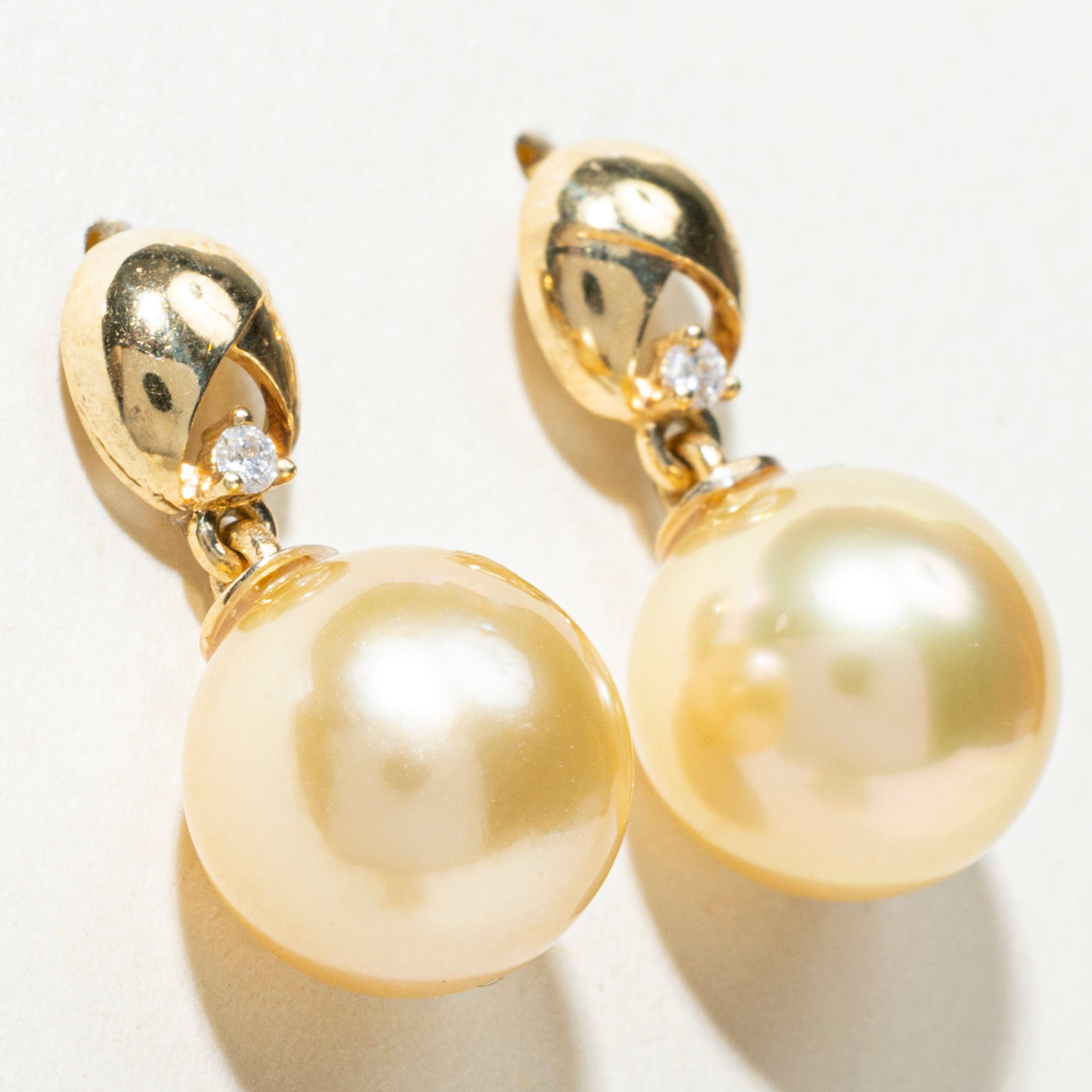 South Sea Golden Pearl & Diamond Drop Earrings | 0.04ctw