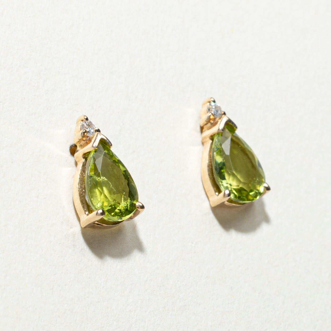 Pear Cut Peridot & Diamond Stud Earrings | 1.60ctw, 0.02ctw
