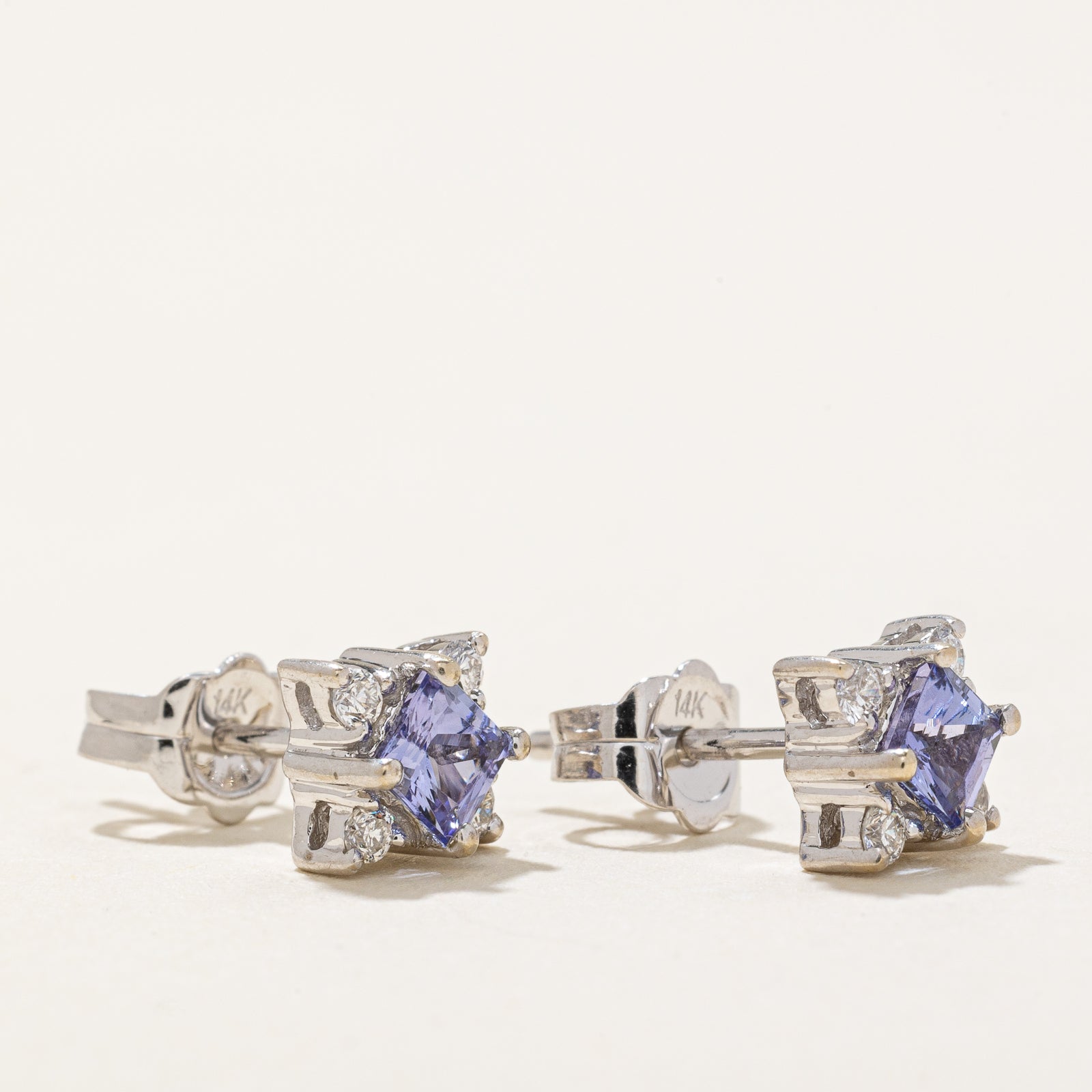 Tanzanite & Diamond Square Stud Earrings | 0.50ctw, 0.16ctw |