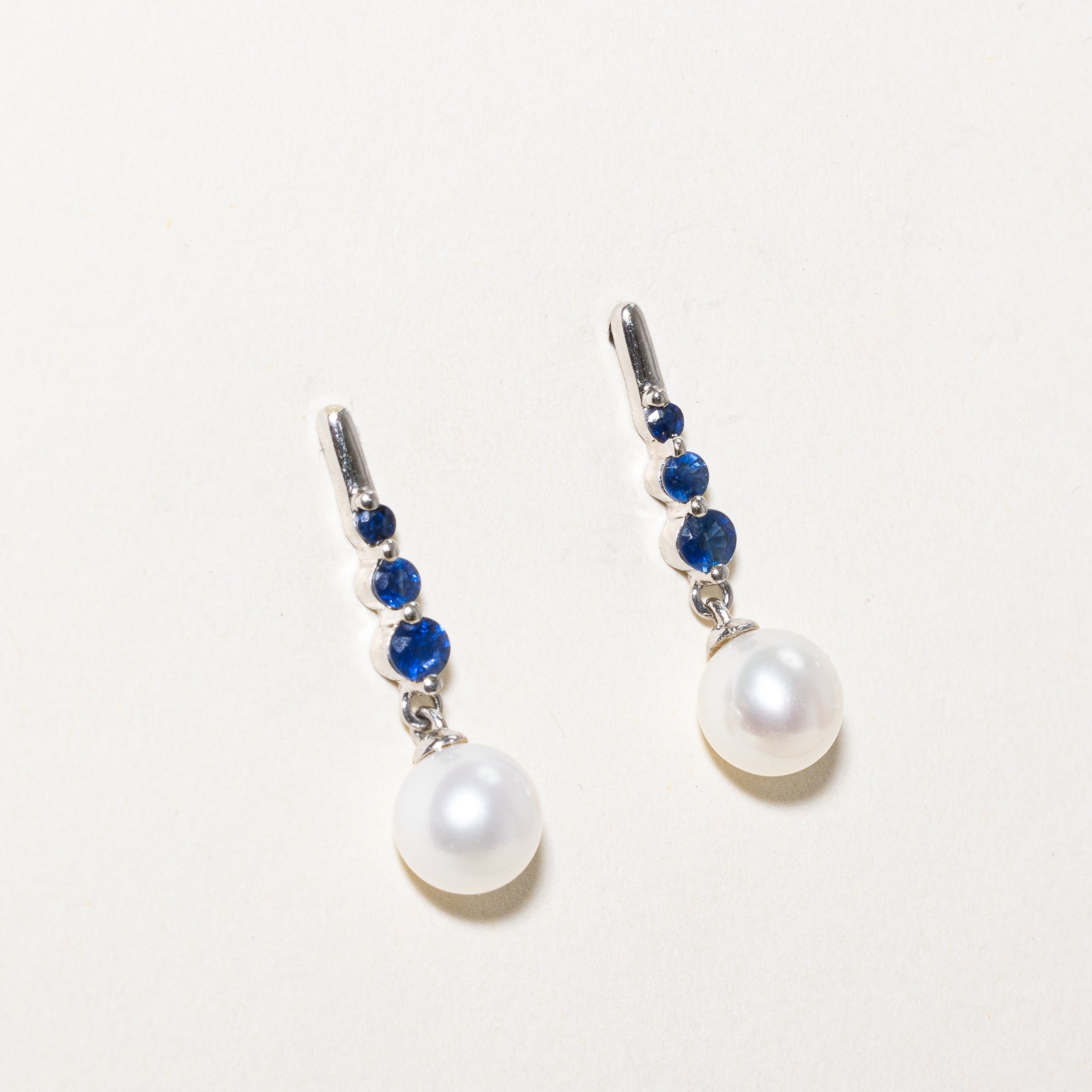 Pearl & Synthetic Sapphire Drop Earrings | 0.60ctw