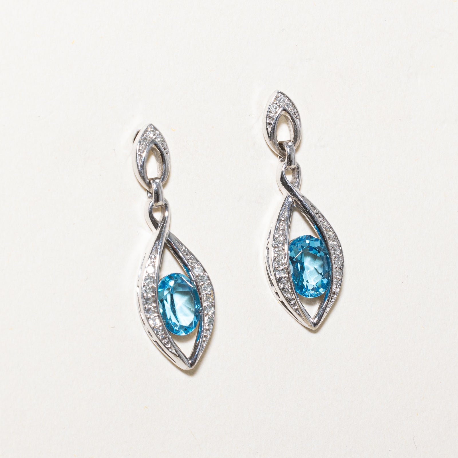 Blue Topaz & Diamond Marquise Shaped Drop Earrings | 1.70ctw, 0.12ctw |
