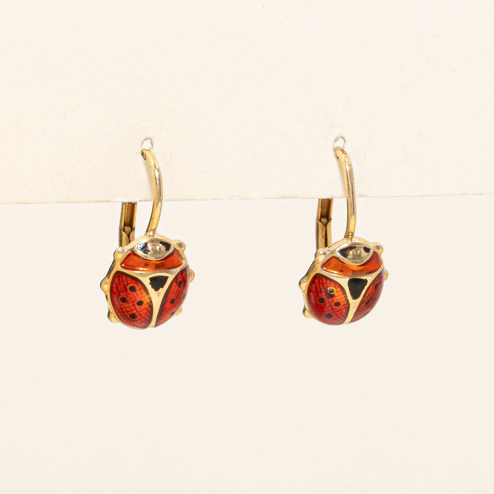 10K Yellow Gold Enamel Lady Bug Earrings