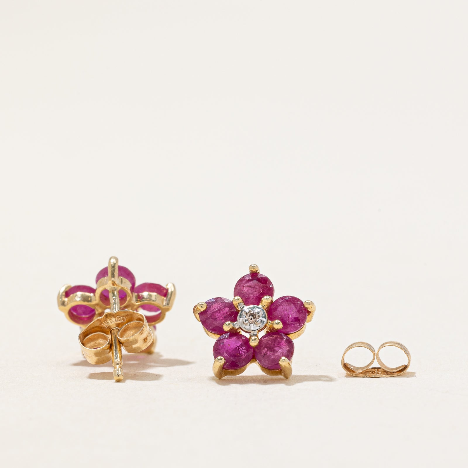 Ruby & Diamond Flower Stud Earrings | 1.00ctw, 0.01ctw |