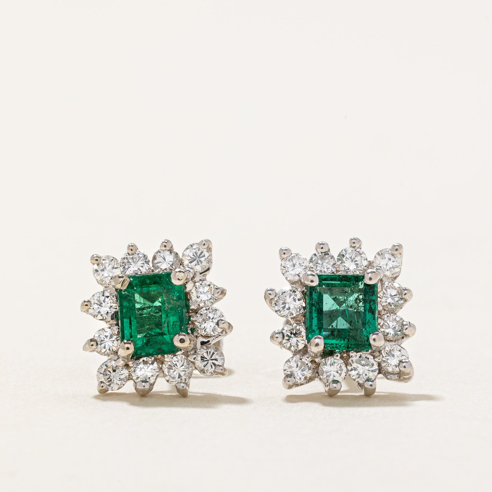 Emerald & Diamond Petal Stud Earrings | 0.70ctw, 0.36ctw |
