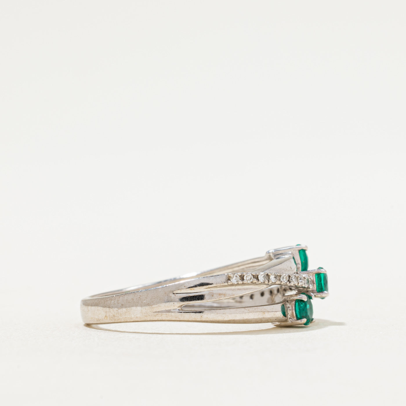 Synthetic Emerald & Diamond Crossover Ring | 0.30ctw, 0.04ctw | SZ 7.25