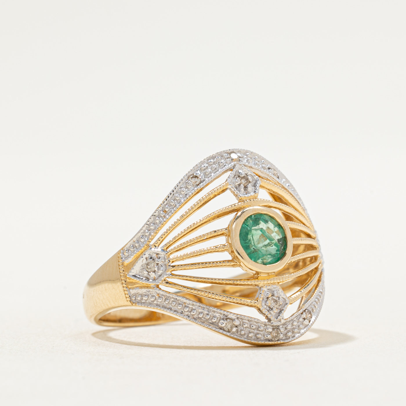 Emerald & Diamond Openwork Cocktail Ring | 0.35ct, 0.07ctw | SZ 8.25