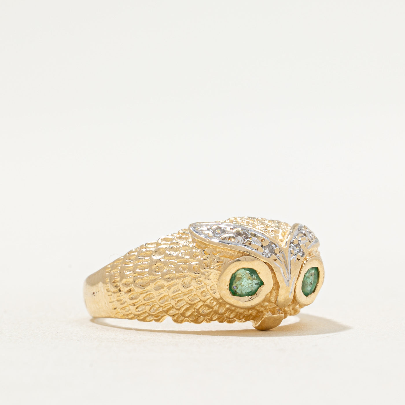 Emerald & Diamond Owl Dome Ring | 0.07ctw, 0.03ctw | SZ 5.25
