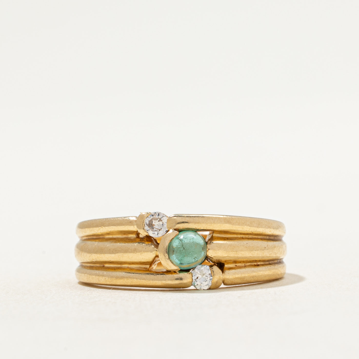 Semi Bezel Emerald & Diamond Grooved Ring | 0.28ct, 0.10ctw | SZ 5.25