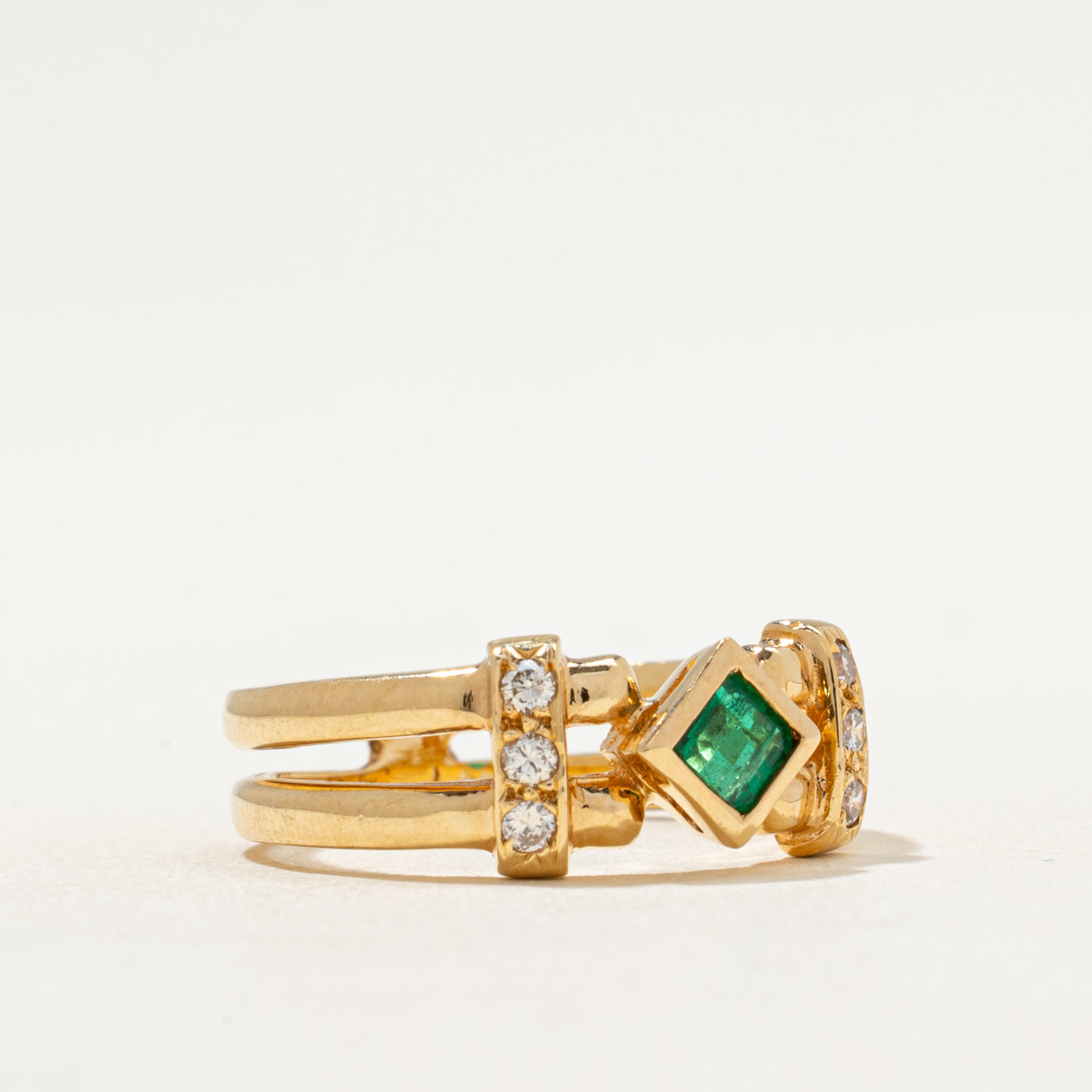 Bezel Set Emerald & Diamond Geometric Ring | 0.18ct, 0.10ctw | SZ 6
