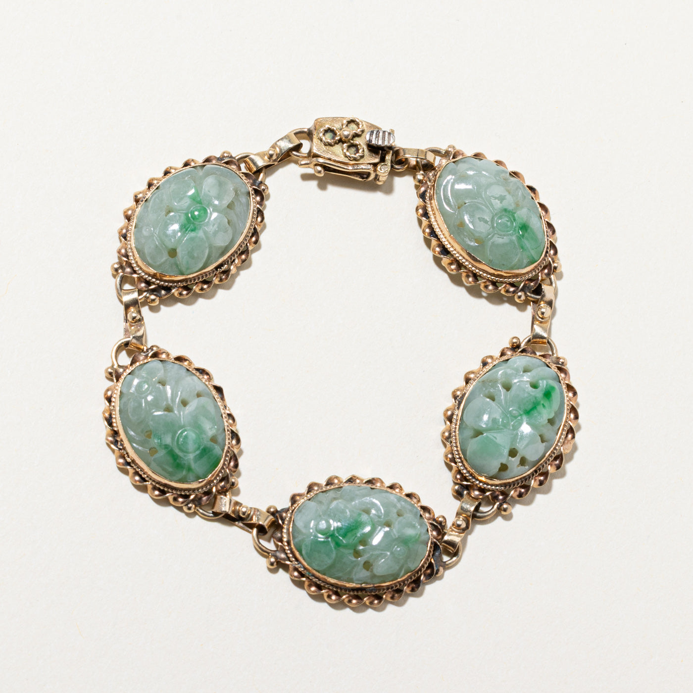 14K Floral Carved Jadeite Bracelet | 40.00ctw | 7"