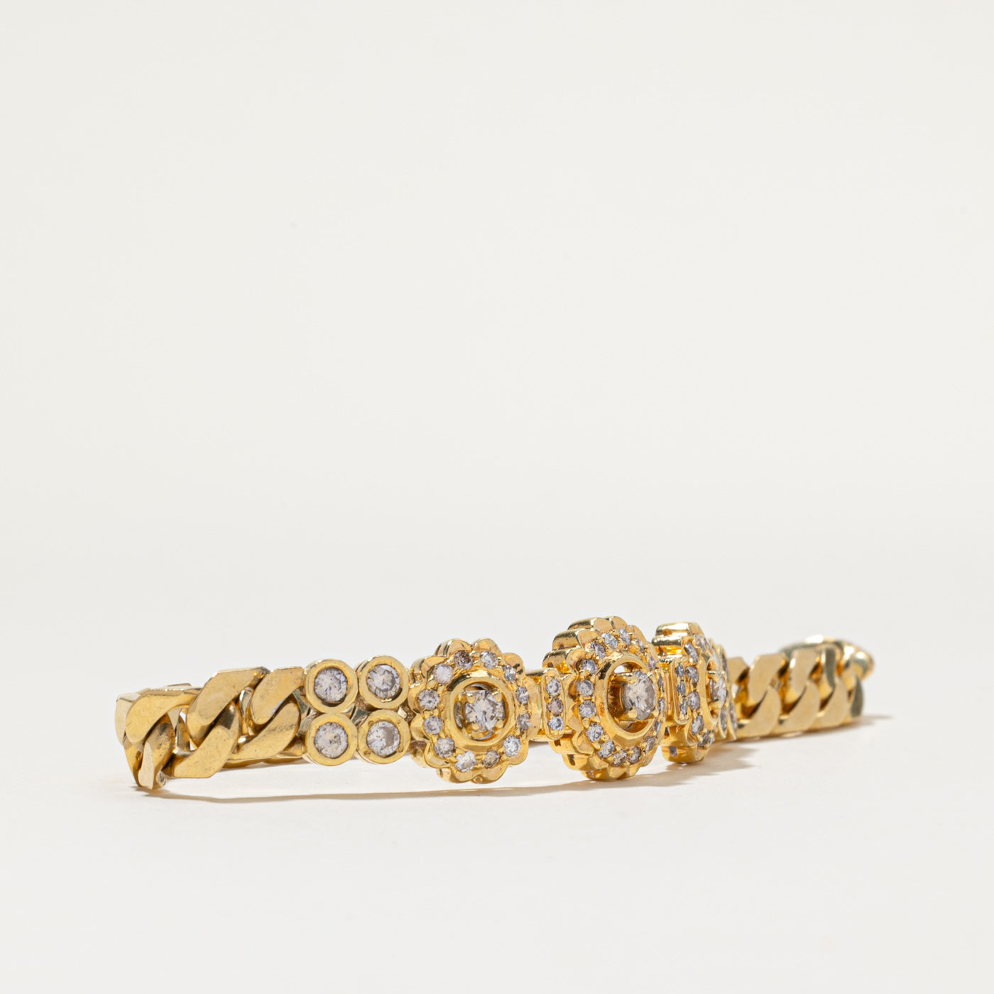 18K Floral Design Diamond Cuban Link Bracelet | 1.99ctw | 7.5"