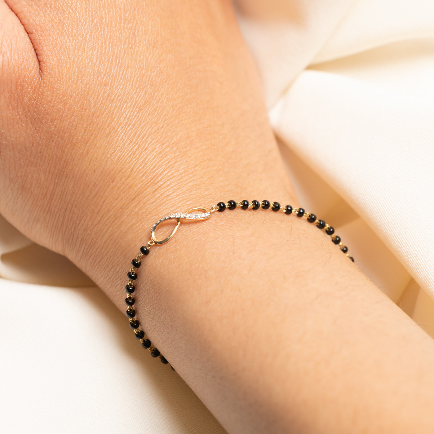 14K Black Glass Bead & Diamond Infinity Bracelet | 1.80ctw, 0.06ctw | 6"