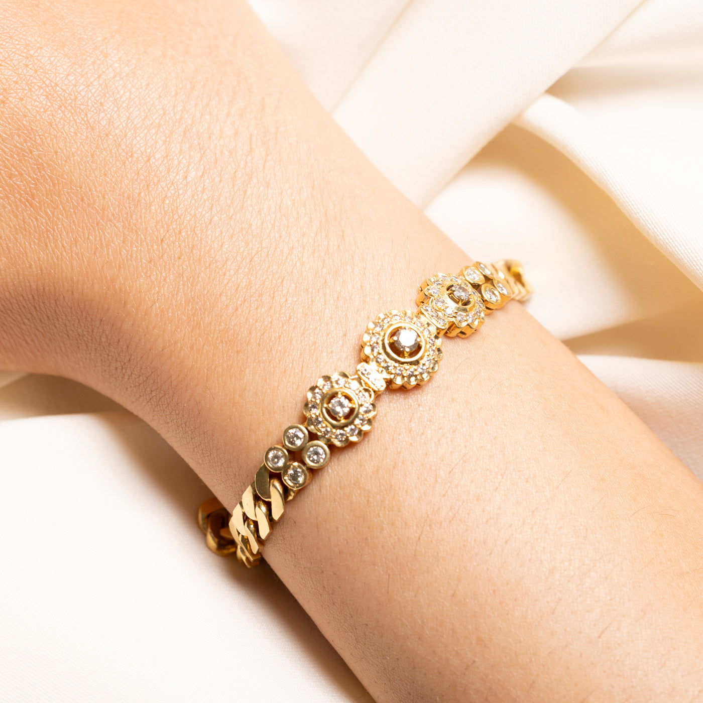 18K Floral Design Diamond Cuban Link Bracelet | 1.99ctw | 7.5"