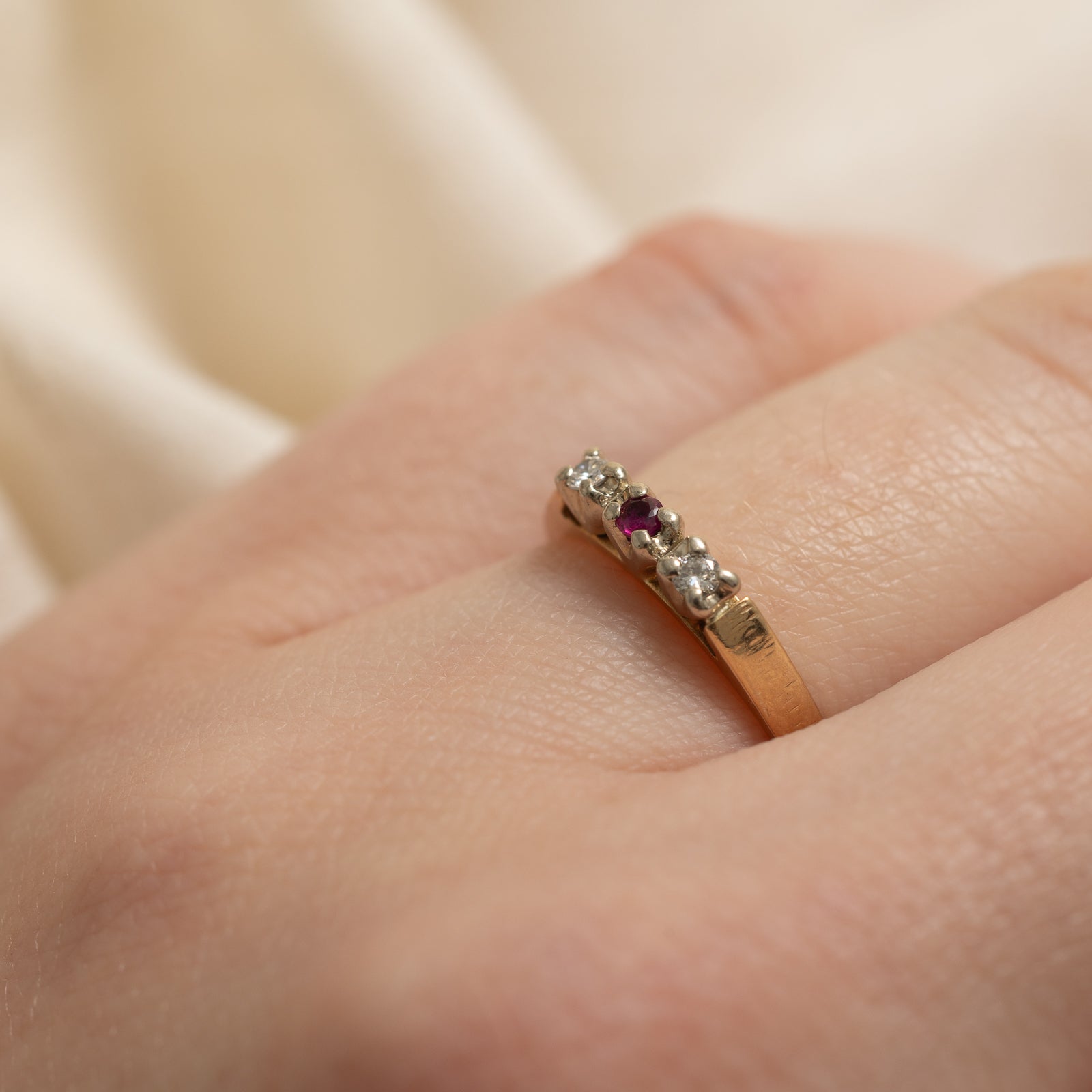 Three Stone Ruby & Diamond Ring | 0.05ctw, 0.03ct | SZ 5