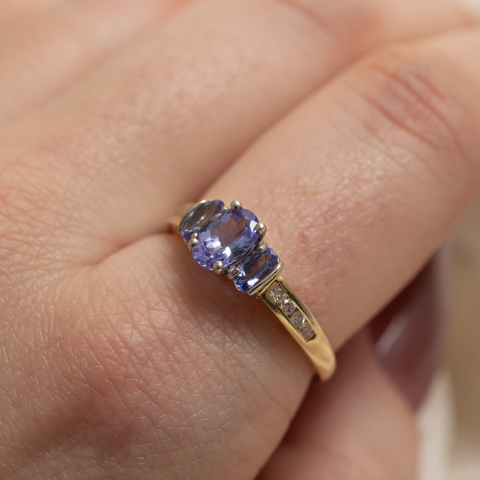 Three Stone Oval Cut Tanzanite & Diamond Ring | 1.00ctw, 0.12ctw | SZ 8.75