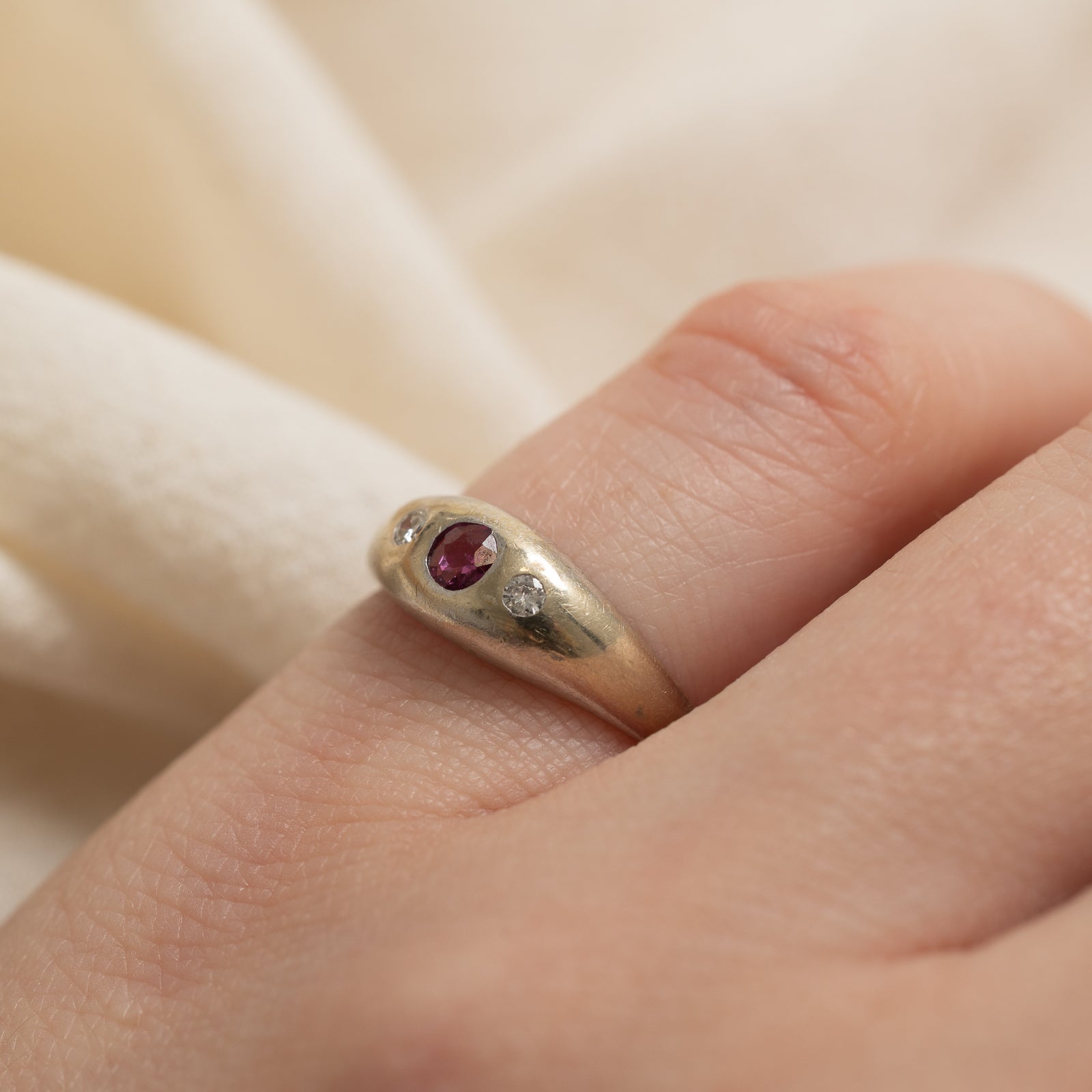 Flush Set Ruby & Diamond Dome Ring | 0.06ct, 0.03ctw | SZ 4.25