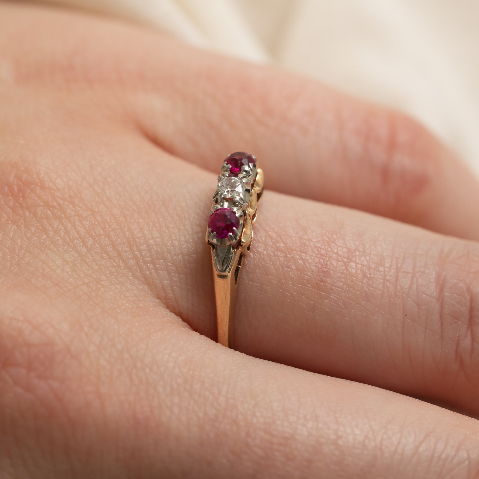 Three Stone Synthetic Ruby & Diamond Ring | 0.24ctw, 0.07ct | SZ 8.25