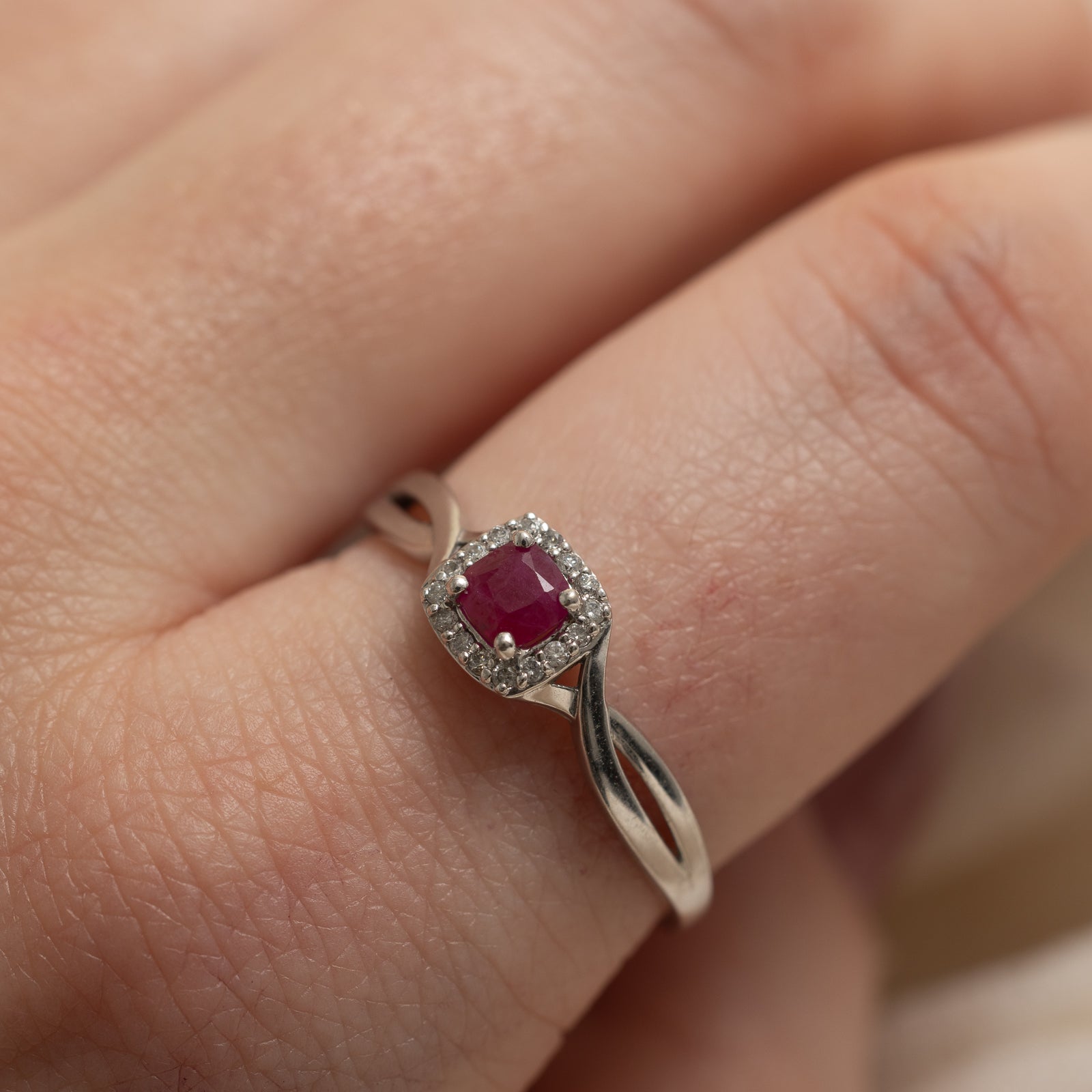 Square Cut Ruby & Diamond Halo Ring | 0.14ct, 0.10ctw | SZ 10.25