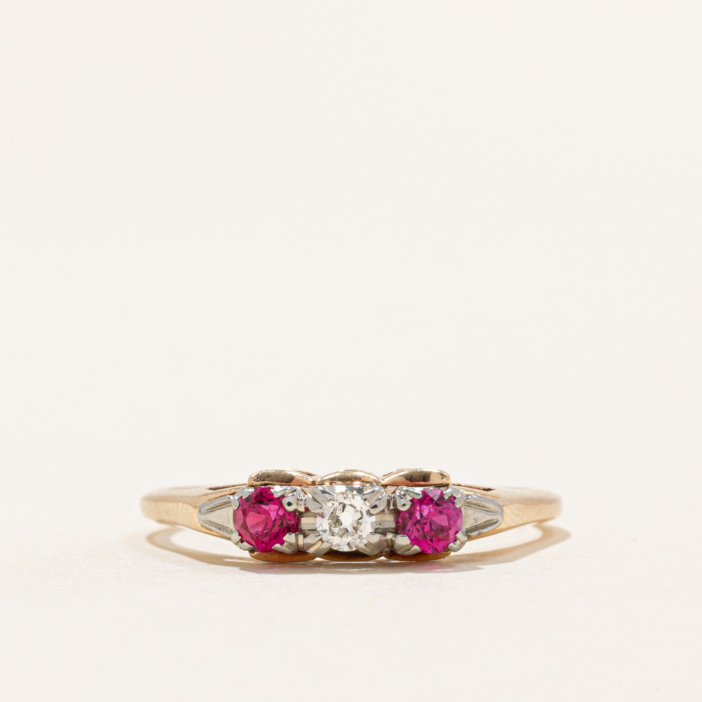 Three Stone Synthetic Ruby & Diamond Ring | 0.24ctw, 0.07ct | SZ 8.25