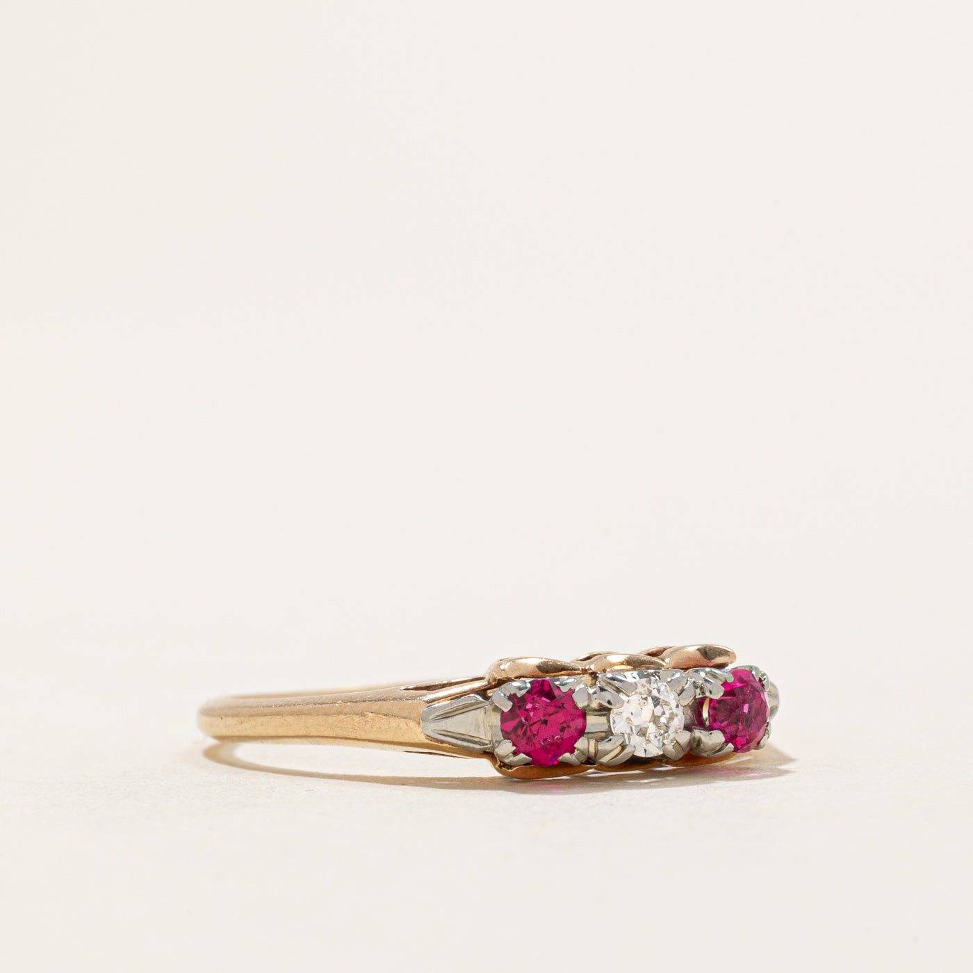 Three Stone Synthetic Ruby & Diamond Ring | 0.24ctw, 0.07ct | SZ 8.25