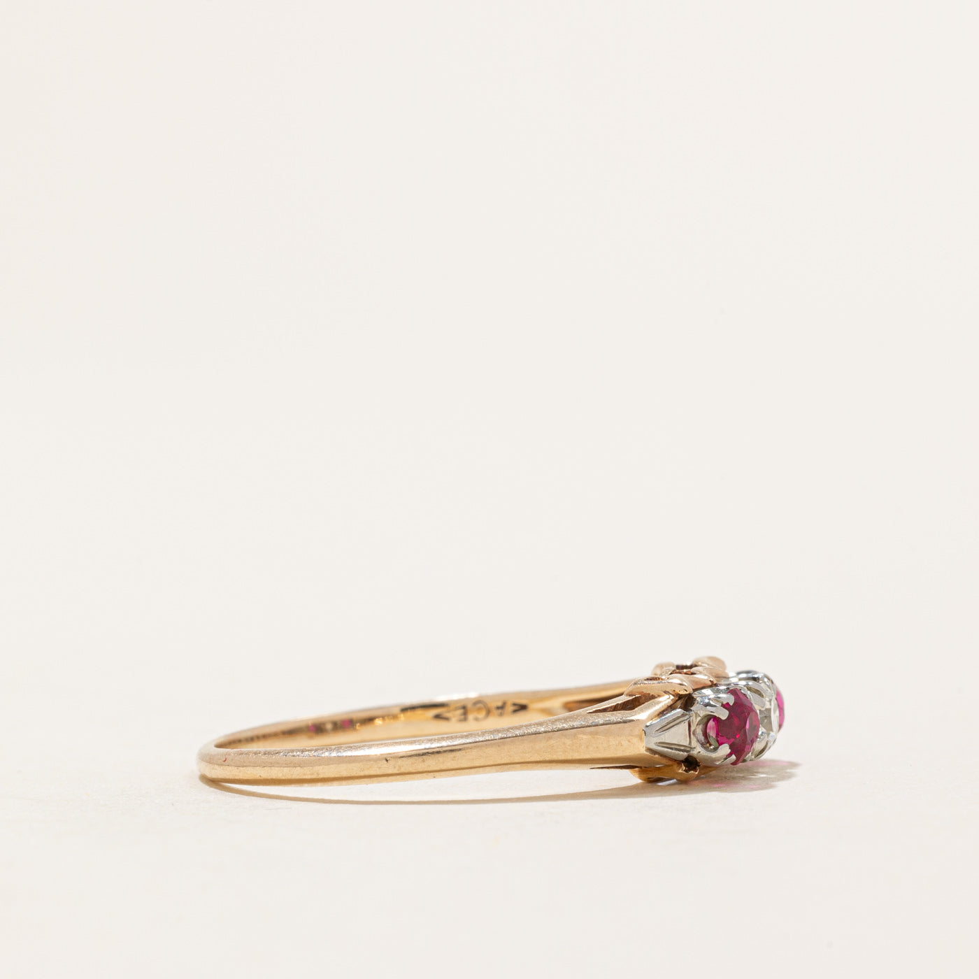 Three Stone Synthetic Ruby & Diamond Ring | 0.24ctw, 0.07ct | SZ 8.25