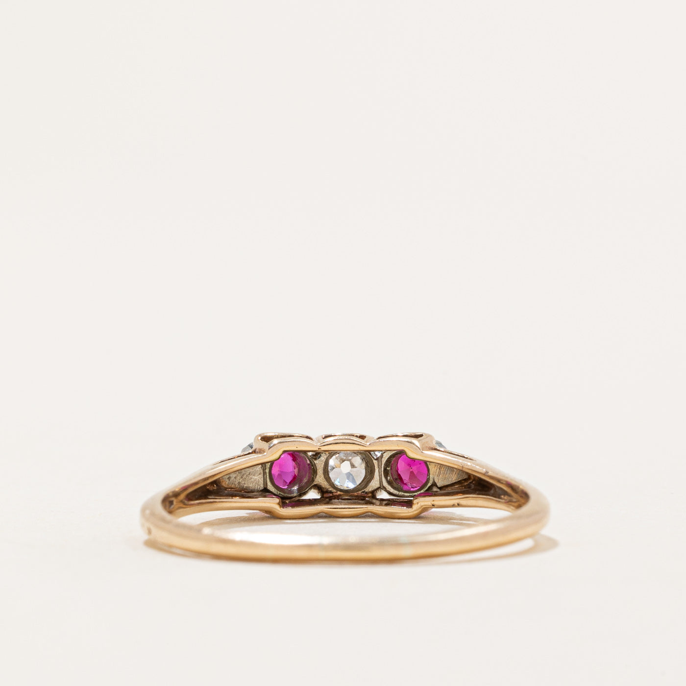 Three Stone Synthetic Ruby & Diamond Ring | 0.24ctw, 0.07ct | SZ 8.25
