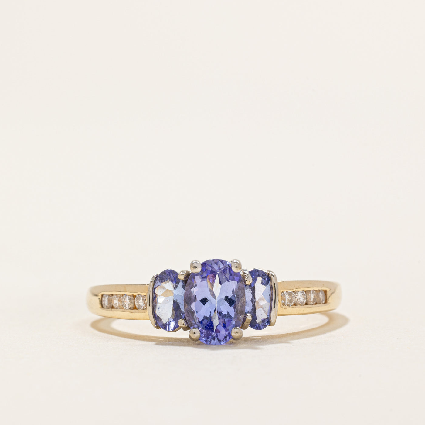 Three Stone Oval Cut Tanzanite & Diamond Ring | 1.00ctw, 0.12ctw | SZ 8.75