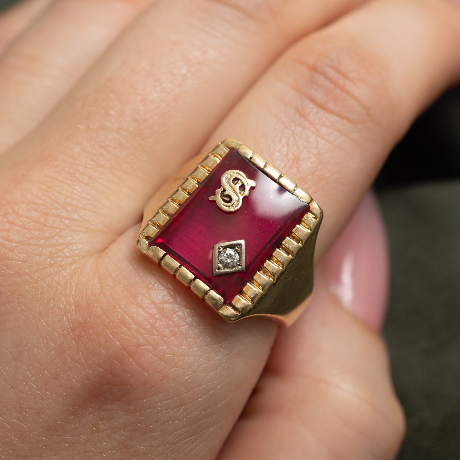Synthetic Ruby & Diamond 'S' Initial Ring | 10.00ct, 0.05ct | SZ 11.25