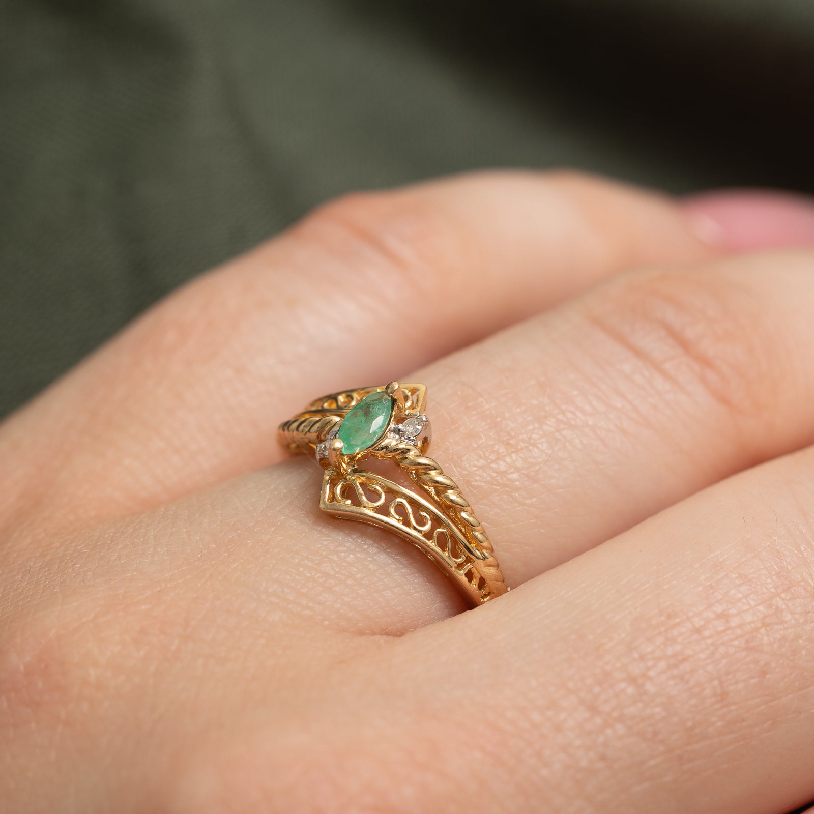 Emerald & Diamond Bypass Ring | 0.08ct, 0.01ctw | SZ 5.5