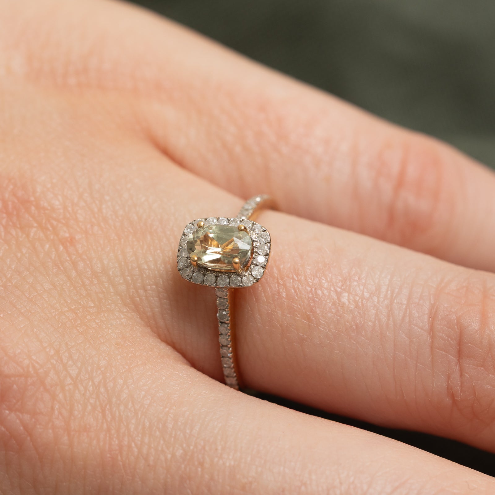 Oval Cut Peridot & Diamond Halo Ring | 0.38ct, 0.20ctw | SZ 6.75