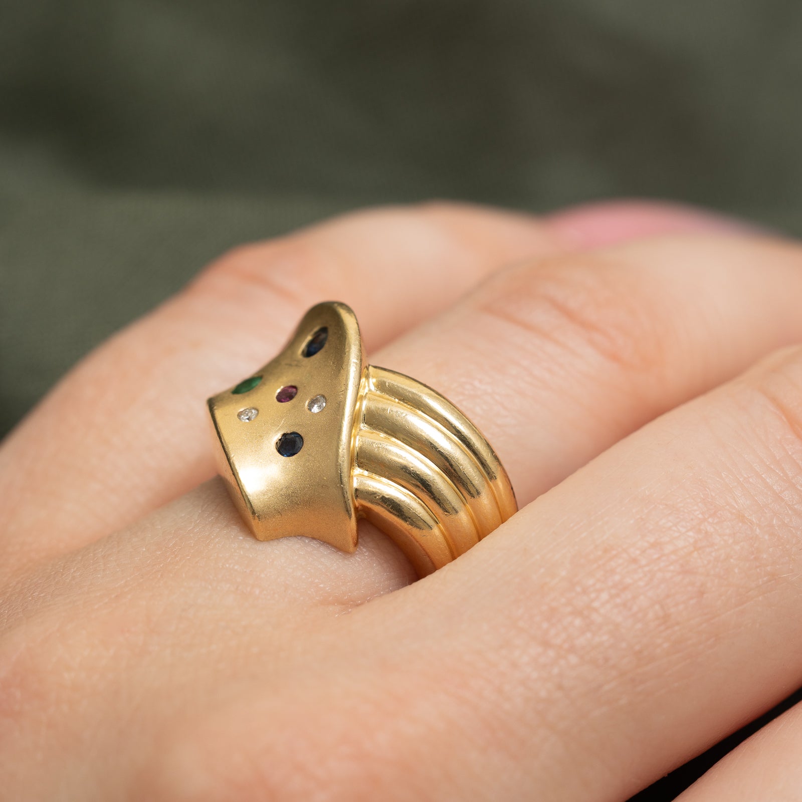 Multi Gemstone & Diamond Grooved Chevron Ring | 0.15ctw, 0.03ctw | SZ 1.75