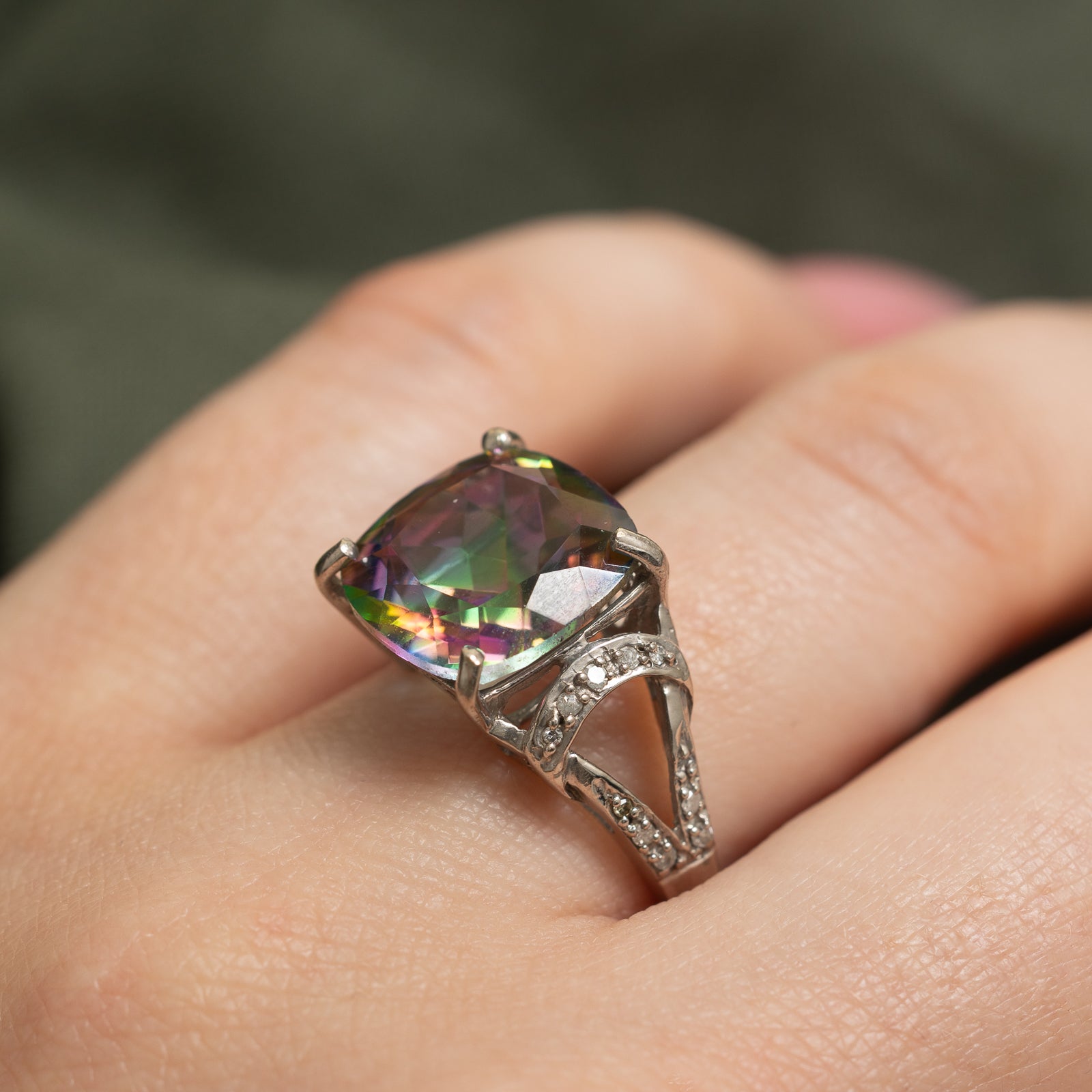 Cushion Cut Mystic Topaz & Diamond Cocktail Ring | 9.00ct, 0.10ctw | SZ 7.25