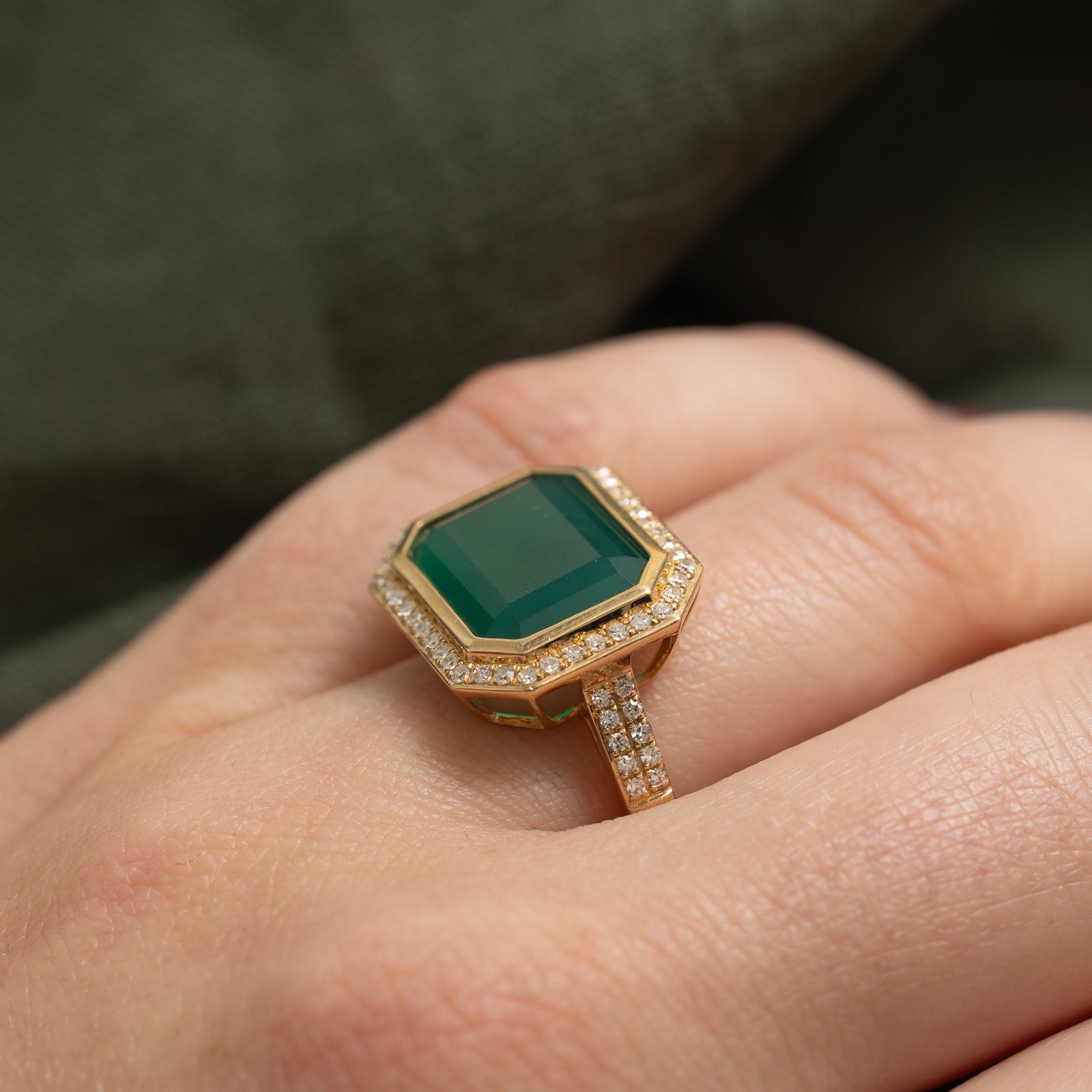'Effy' Green Onyx & Diamond Halo Cocktail Ring | 5.00ct, 0.31ctw | SZ 7.25