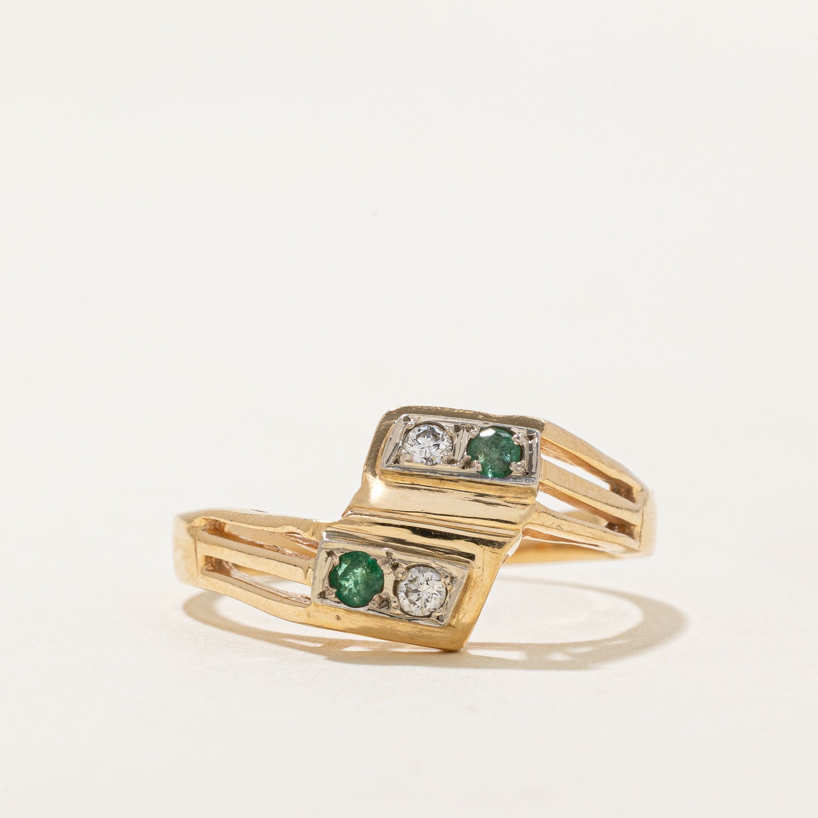 Diamond & Emerald Bypass Ring | 0.05ctw, 0.05ctw | SZ 7