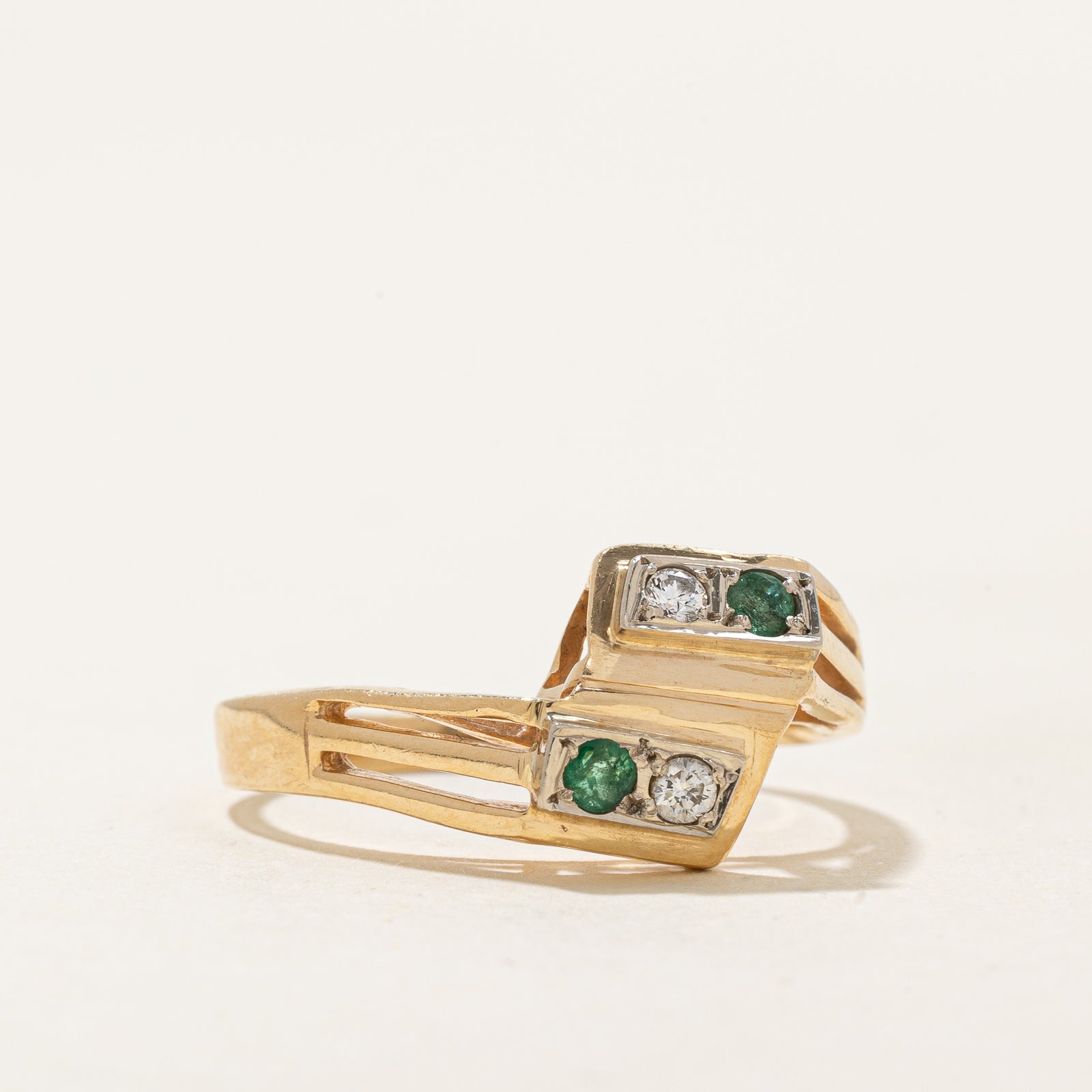 Diamond & Emerald Bypass Ring | 0.05ctw, 0.05ctw | SZ 7