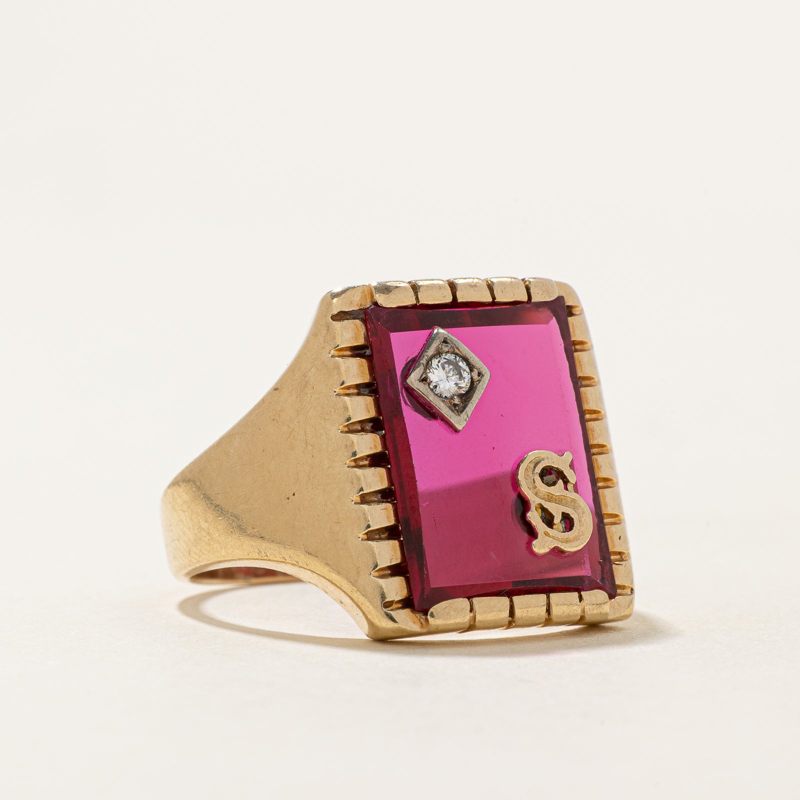 Synthetic Ruby & Diamond 'S' Initial Ring | 10.00ct, 0.05ct | SZ 11.25